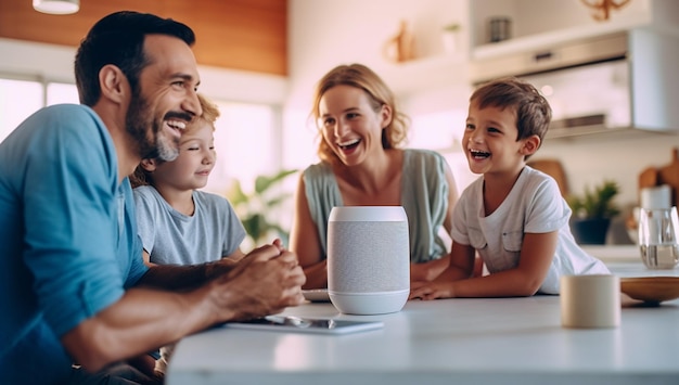 Smart AI speaker concept Happy Family talk to voice assistant at home and feel happy having fun