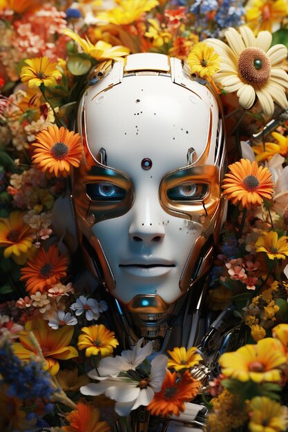 Smart android robot between flowers Robot love nature Ai genrative