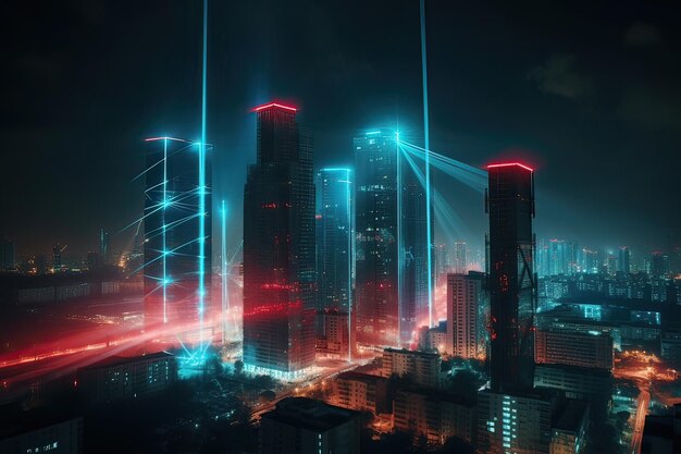 Smart and big city with particle glowing neon light connection design big data connection technology concept Generative Ai