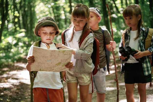 Smart boy is reading the map Kids in forest at summer daytime together