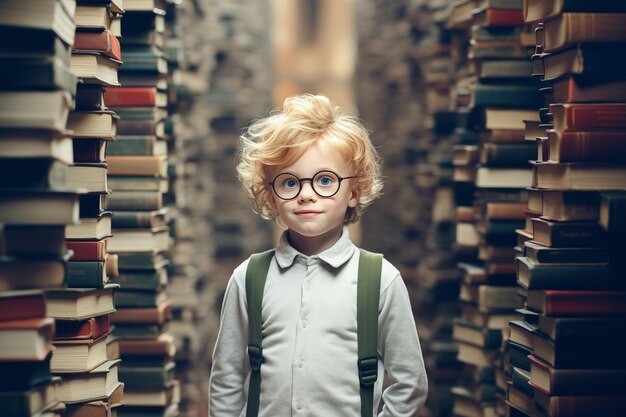 Foto ragazzo intelligente circondato da libri apprendimento ed educazione concept generative ai