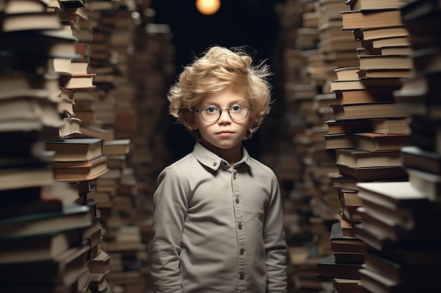 Smart boy surrounded by books Learning and Education Concept Generative Ai