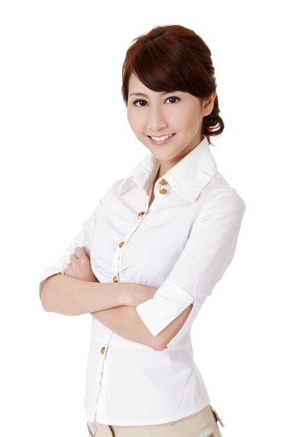 Smart business woman of Asian, closeup portrait on white wall..