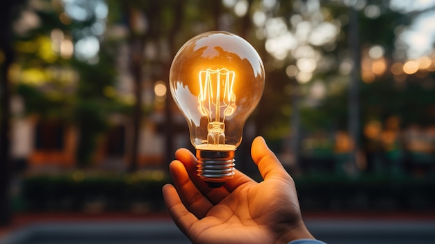 Smart businessman hand holding light bulb idea concept with innovation AI generated image