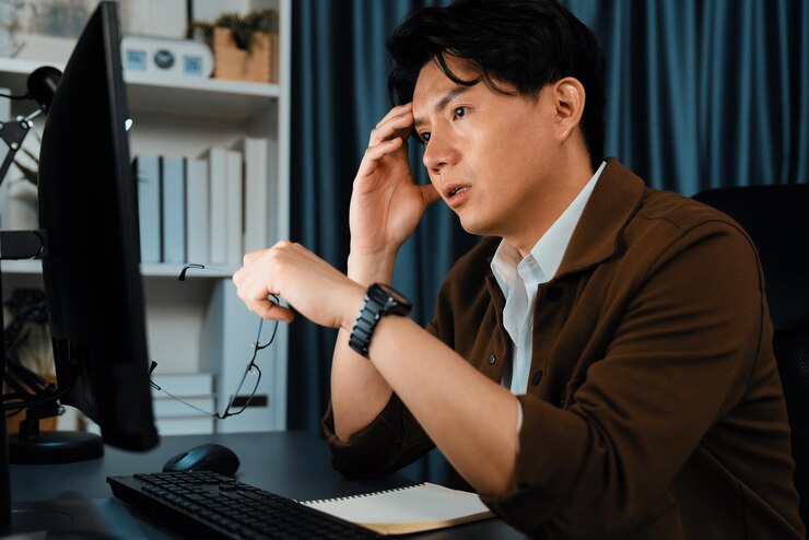 Photo 똑똑한 사업가, 스트레스를 받는 얼굴, 비즈니스 플랜을 만들기 위해 일하는 pc
