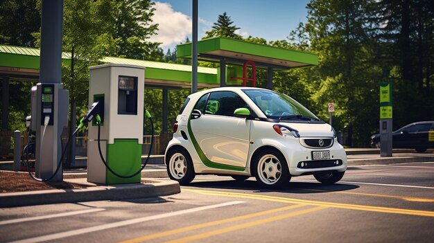 Foto l'auto intelligente in una stazione di ricarica che evidenzia le sue credenziali elettriche verdi ai generate