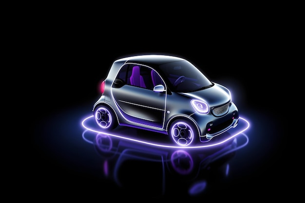 A smart car is lit up with neon lights on it.