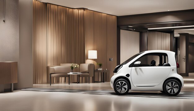 a smart car is parked in a room with a lamp on the wall