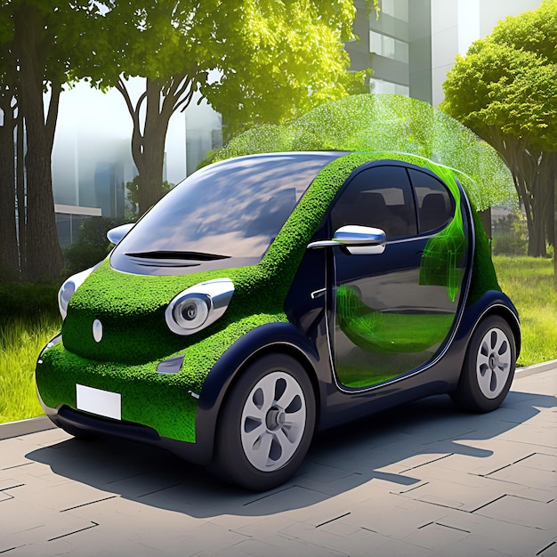 A smart car with green grass on the front.