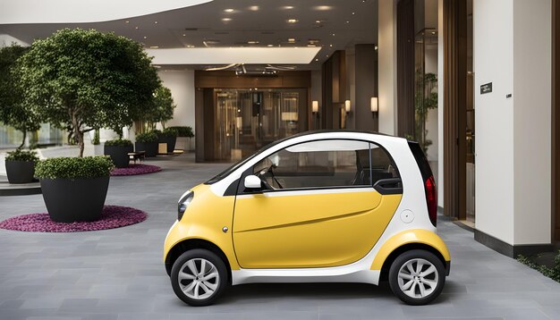 a smart car with a yellow smart car parked outside of a building