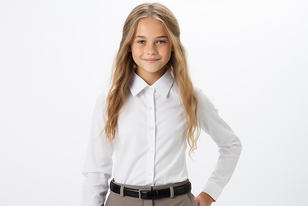 Foto smart casual office shirt uniform meisje tiener volwassen staat voor een witte achtergrond