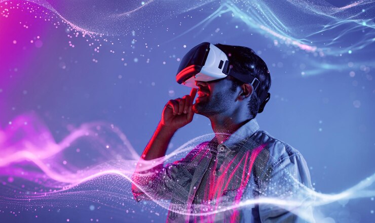 Photo ネオン光の偏差に立つ間,vrメガネをかぶった賢い白人男性