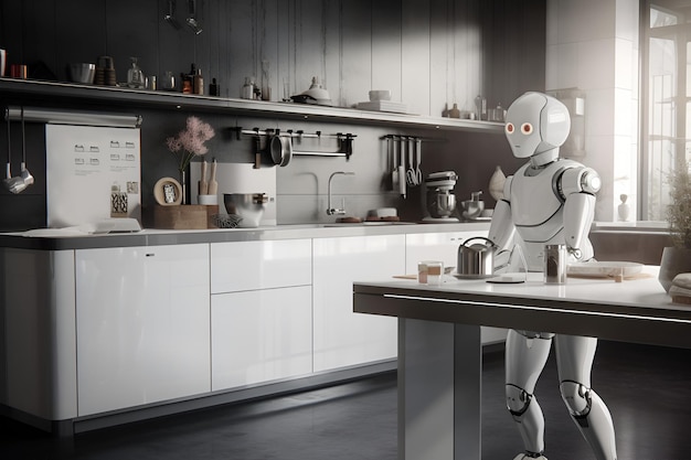 Smart chef robot cook and help in kitchen Modern interior with innovation technology Generative AI