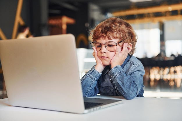 Smart child in casual clothes and in glasses using laptop for education purposes