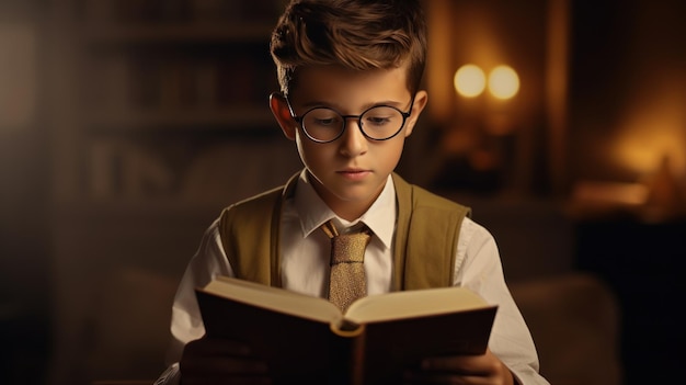 Photo smart children wearing reading glasses at the library and classroom symbolize the joy of education