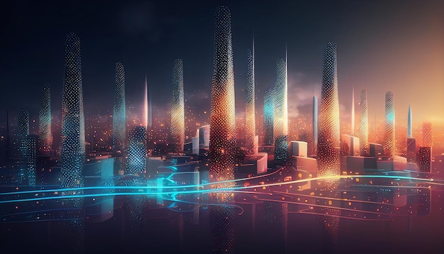 Smart city and abstract dot point connect with gradient line and aesthetic Big data connection technology concept Generative AI intricate wave line design