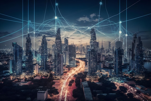 Smart city and abstract dot point connect with gradient line and aesthetic Intricate wave line design big data connection technology concept Neural network AI generated