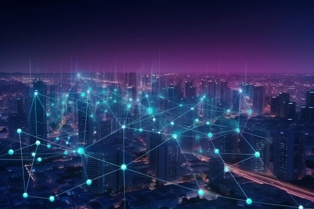 Smart city and abstract line and dot connect with gradient line big data connection technology