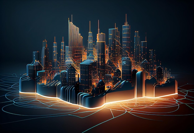 Smart city and abstract line and dot connect with gradient line design big data connection technology concept 3d render Generate Ai