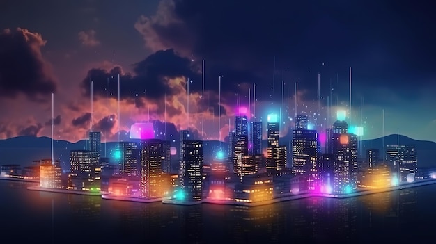 Умный город и концепция сети облачных вычислений Яркий цвет Генеративный ИИ