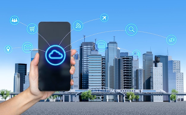 Smart city concept and social network connection for online\
business background with hand hold mobile phone