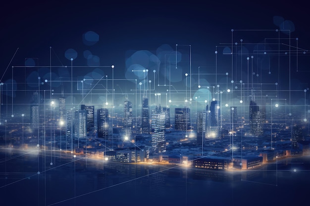 Smart city on a dark blue background featuring intellige