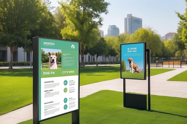 Smart City Dog Park Amenities Information Board Mockup met lege witte lege ruimte voor het plaatsen van uw ontwerp