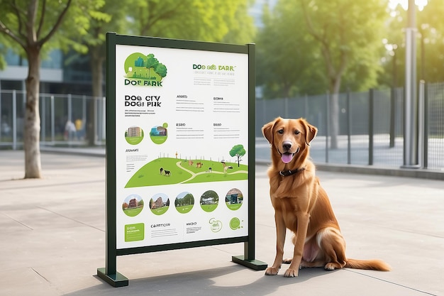 スマートシティ・ドッグ・パーク・アメニティ・インフォメーション・ボード (Smart City Dog Park Amenities Information Board) は,あなたのデザインを配置するために空白の白い空きスペースを備えたモックアップです.