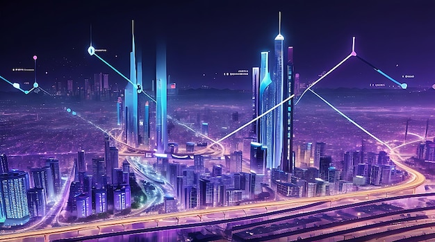 Smart city dot point connect with gradient line and aesthetic Intricate wave line design