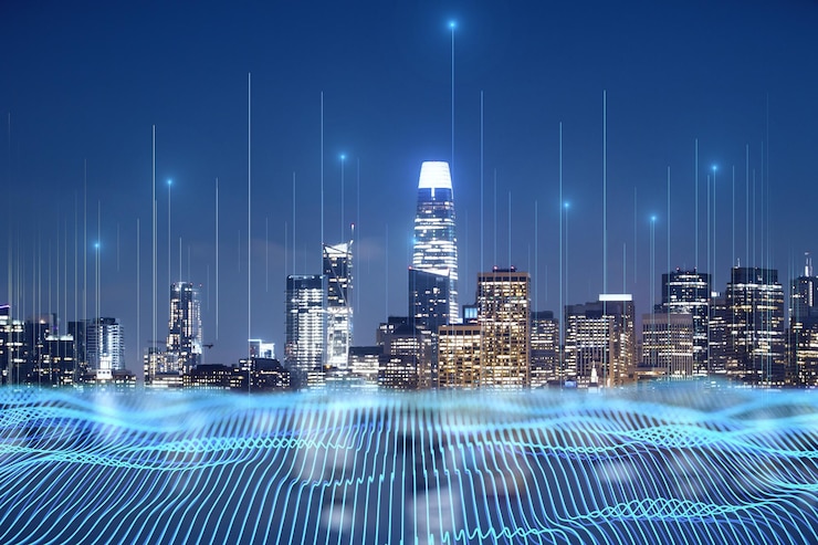 Photo smart city high speed internet and big data connection technology concept digital graphic wire waves on night city skyscrapers skyline background double exposure