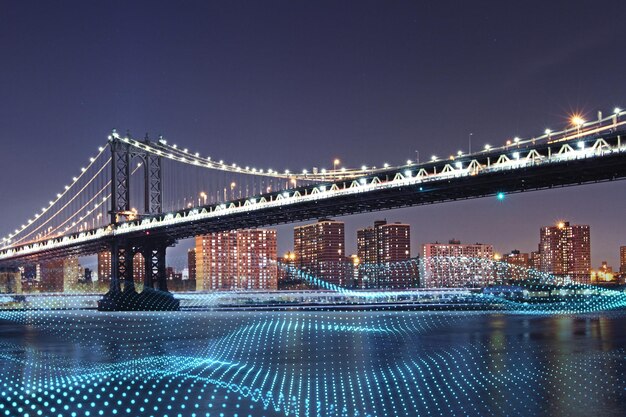 Smart city and internet of things concept with abstract digital\
dotted waves cover river on night megapolis city background