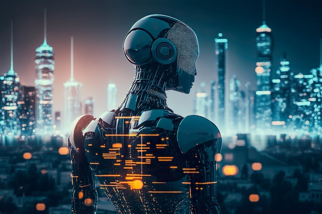 Smart city met robotsysteem kunstmatige intelligentie chat gpt chatbot ai chatten met een slimme ai of kunstmatige intelligentie chatbot ontwikkeld door openai genereer ai