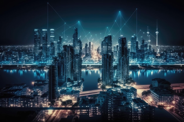 Smart city at night application development concept