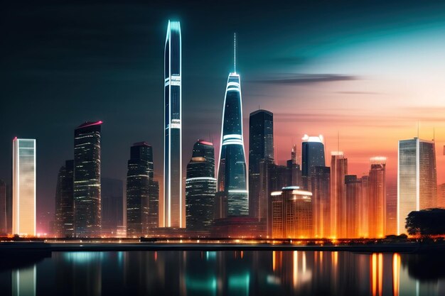 Smart City at night with high skyscrapers