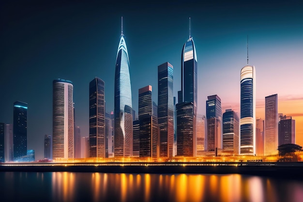 Smart City at night with high skyscrapers