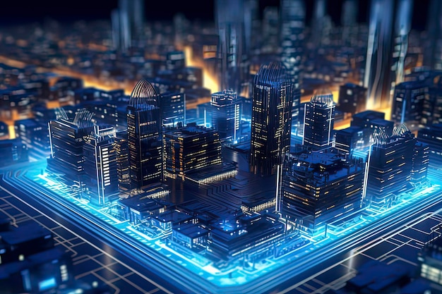 Smart city op circuitboard achtergrond AI-technologie gegenereerde afbeelding