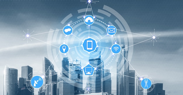 Smart city skyline with wireless communication network icons. Concept of IOT internet of things.