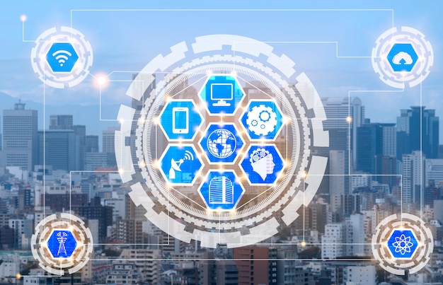 Photo smart city skyline with wireless communication network icons. concept of iot internet of things.