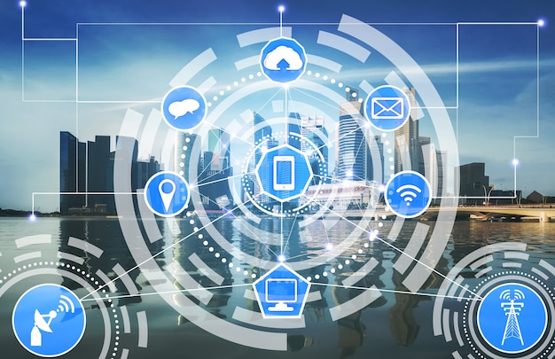 Smart city skyline with wireless communication network icons