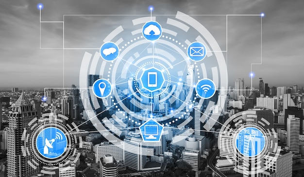 Smart city skyline with wireless communication network icons