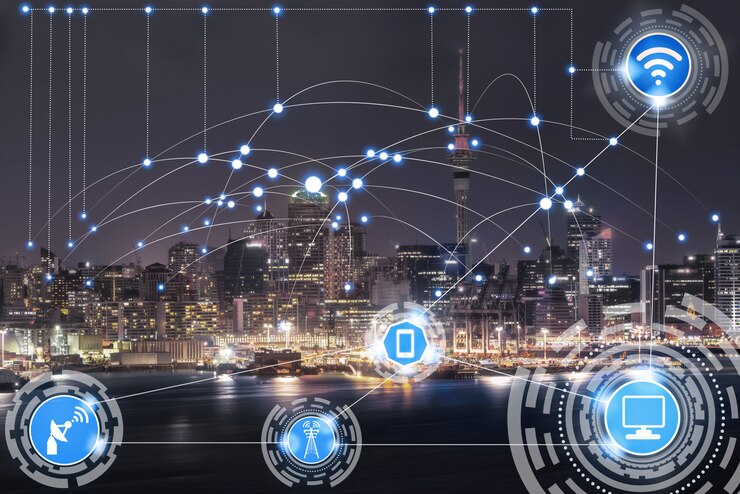 Photo smart city skyline with wireless communication network icons. 