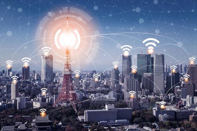 Photo smart city skyline with wireless communication network icons.