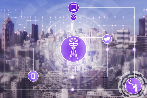 Smart city skyline with wireless communication network icons.