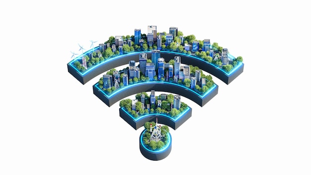 Smart city tech logo wifi house smart city and internet of\
things iot 3d rendering