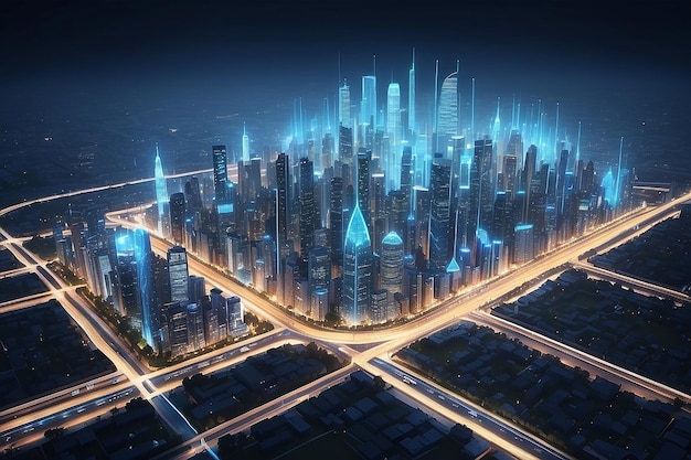 Smart city-technologie in de vorm van pixels met lijnen die op een unieke manier met de stad verbonden zijn