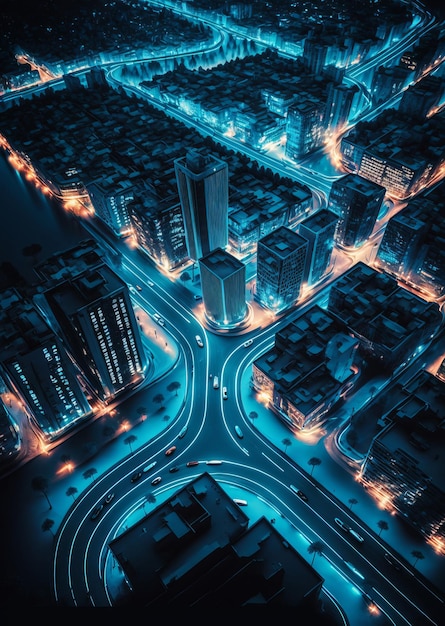 Smart city and technology connection concept City with blue glowing lines Generative ai