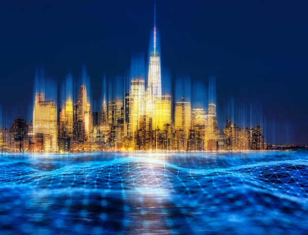 Smart City Technology en verbinding van de rivierkant van New York ityscape in schemertijd, de V.S.,