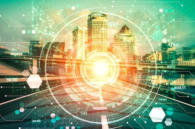 Tecnologia smart city con grafica futuristica del trasferimento di dati digitali