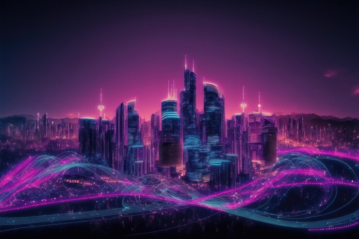 Photo smart city with communication network graphic connecting the city with wireless
