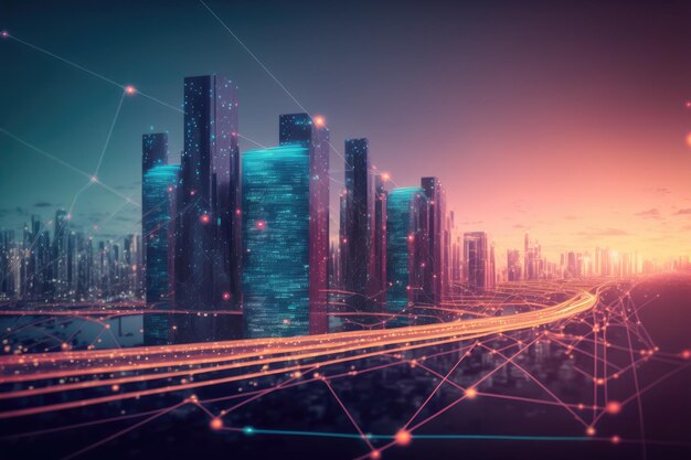 Smart city with communication network graphic connecting the city with wireless